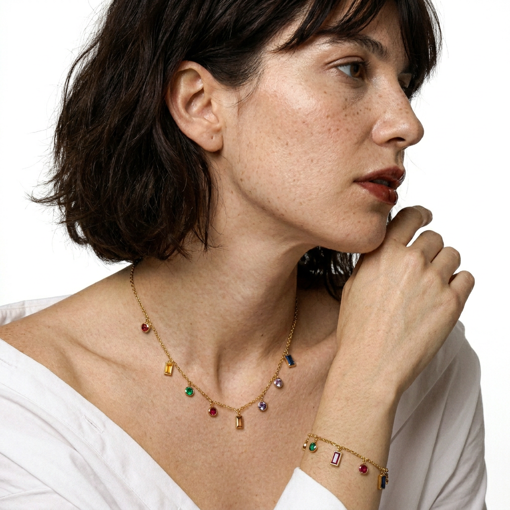 Rainbow CZ Charm Necklace and Bracelet - full look side profile, white background